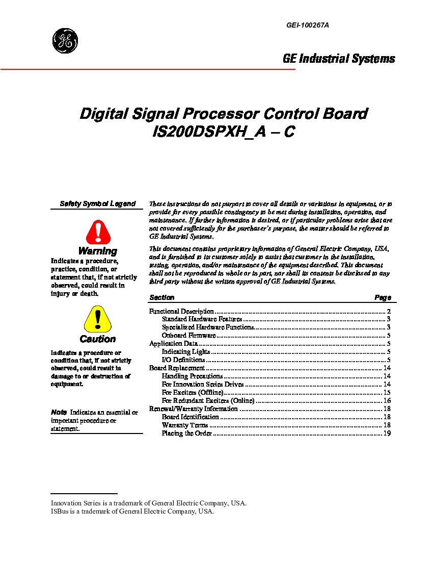 First Page Image of IS200DSPXH1ADA GEI-100267A Digital Signal Processor Control Board Manual.pdf